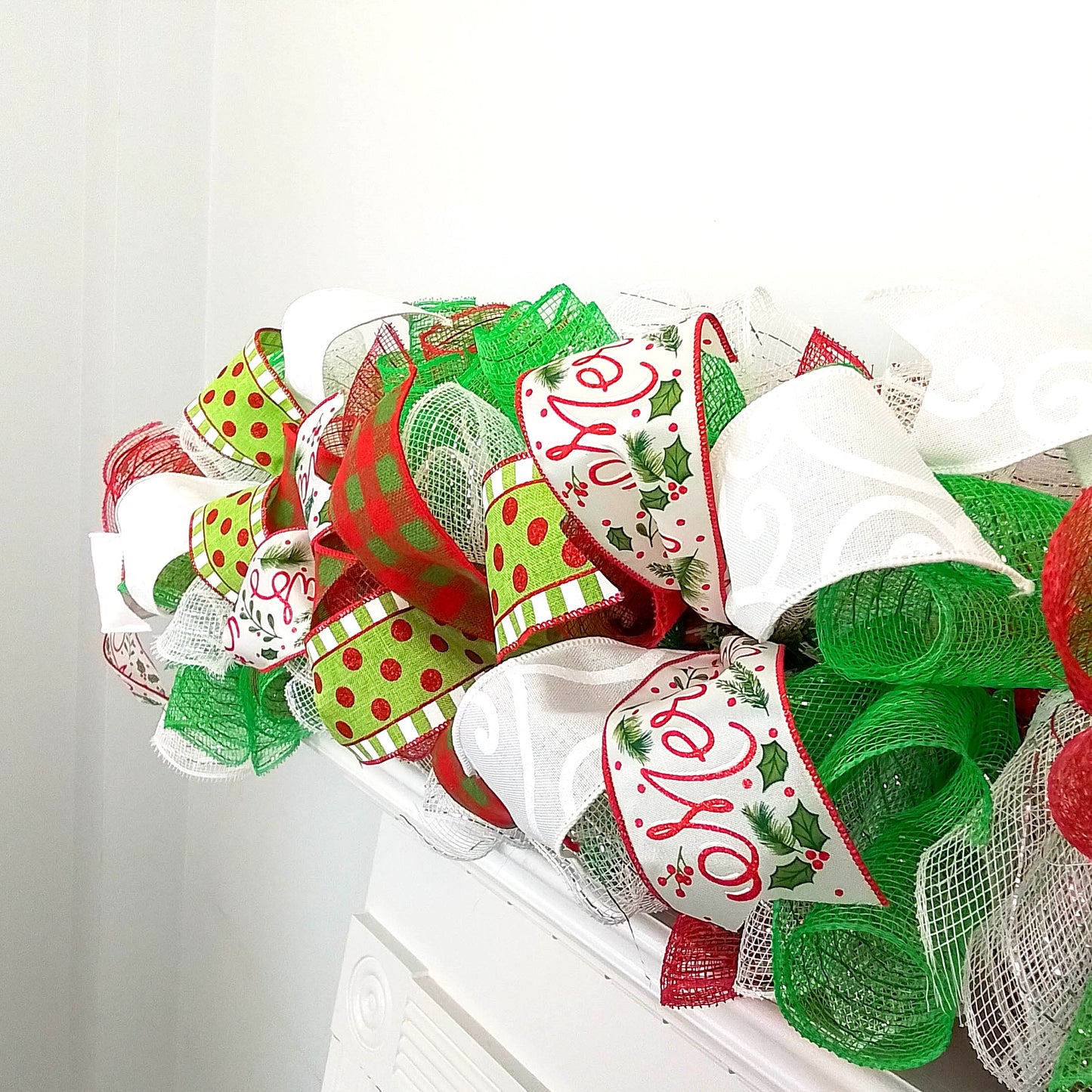 Red Lime Green White Christmas Garland for Staircase or Mantle - Over Door Swag Decor