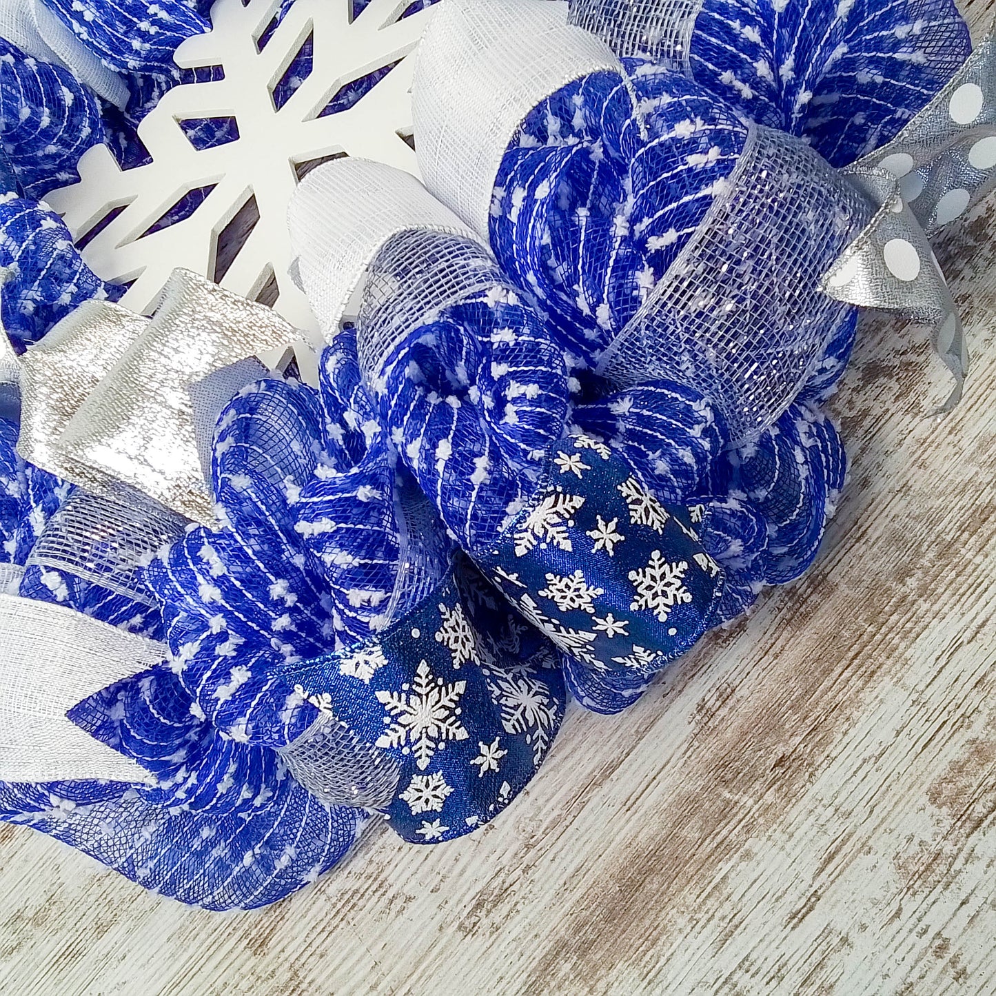 Snowflake Winter Mesh Door Wreath | Blue White Silver