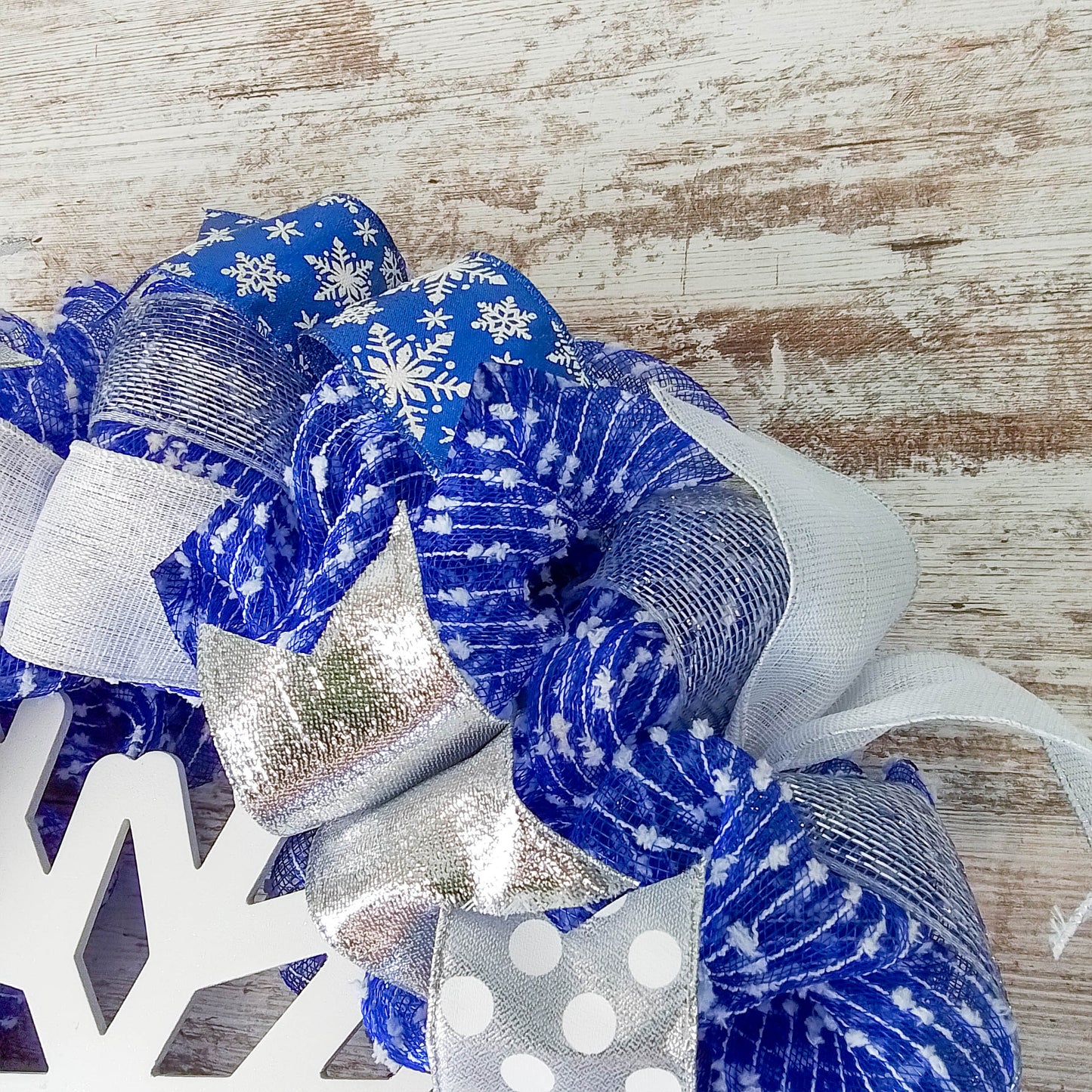 Snowflake Winter Mesh Door Wreath | Blue White Silver