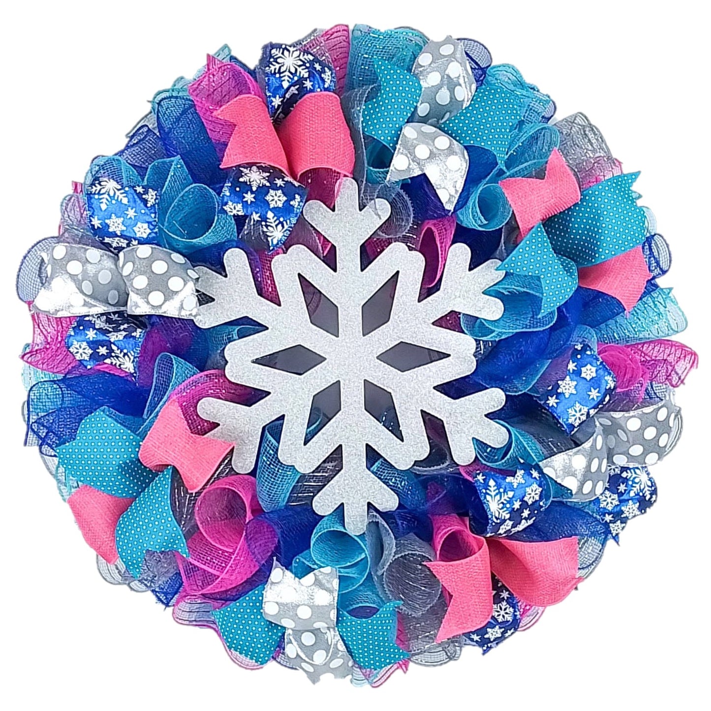 Enchanting Snowflake Winter Wreath - Blue, Silver, Pink, and White - Winter Door Decor