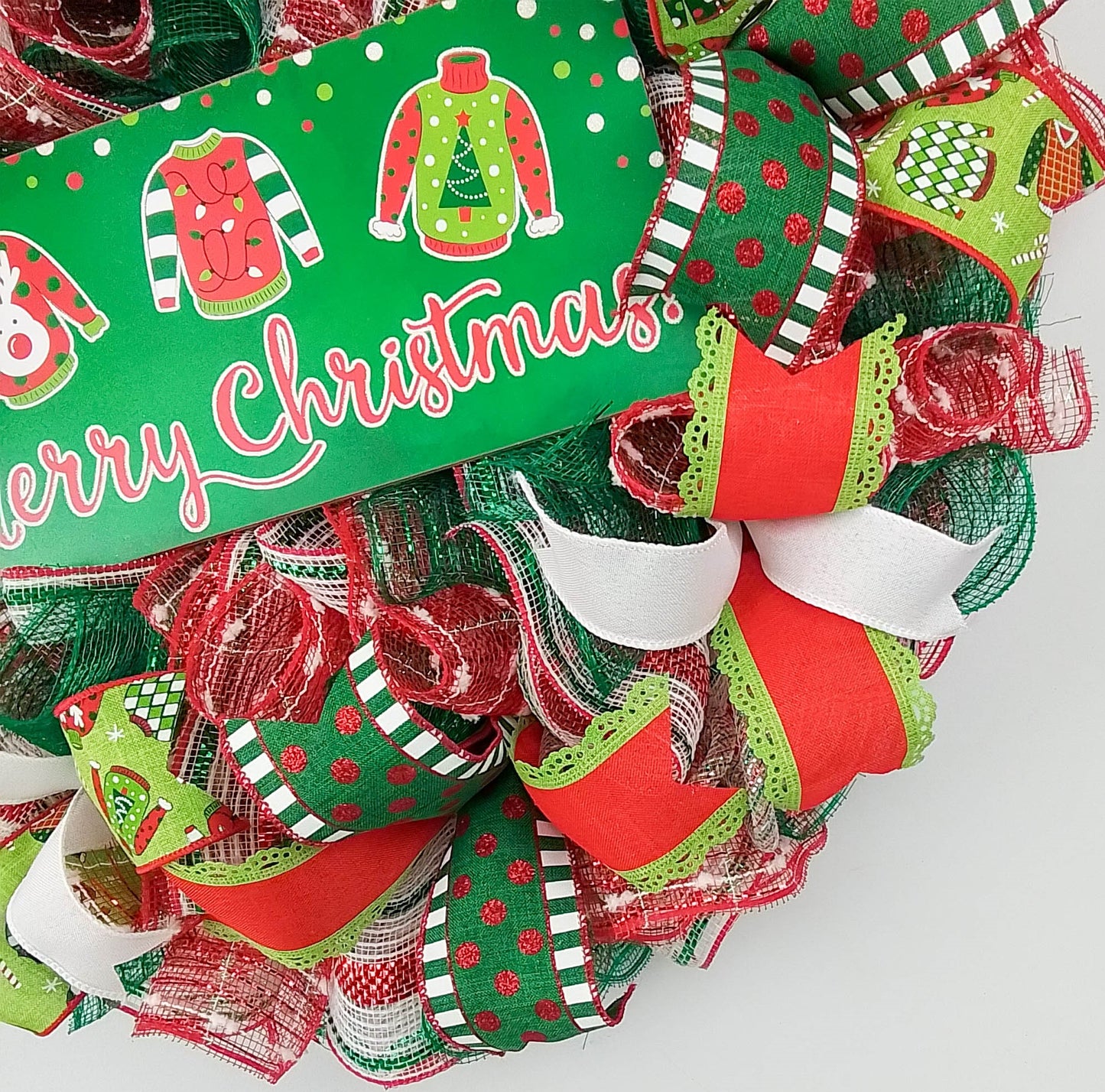Ugly Christmas Sweater Wreath - Xmas Mesh Door Decor - Holiday Decorations - Red White Emerald Green