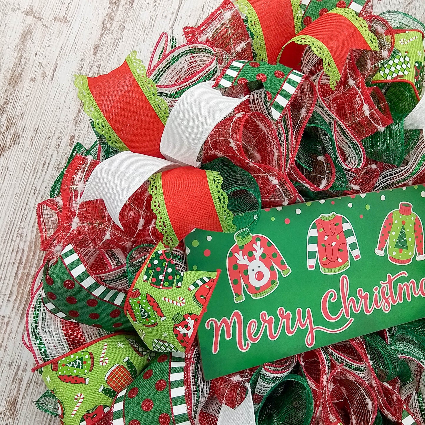 Ugly Christmas Sweater Wreath - Xmas Mesh Door Decor - Holiday Decorations - Red White Emerald Green