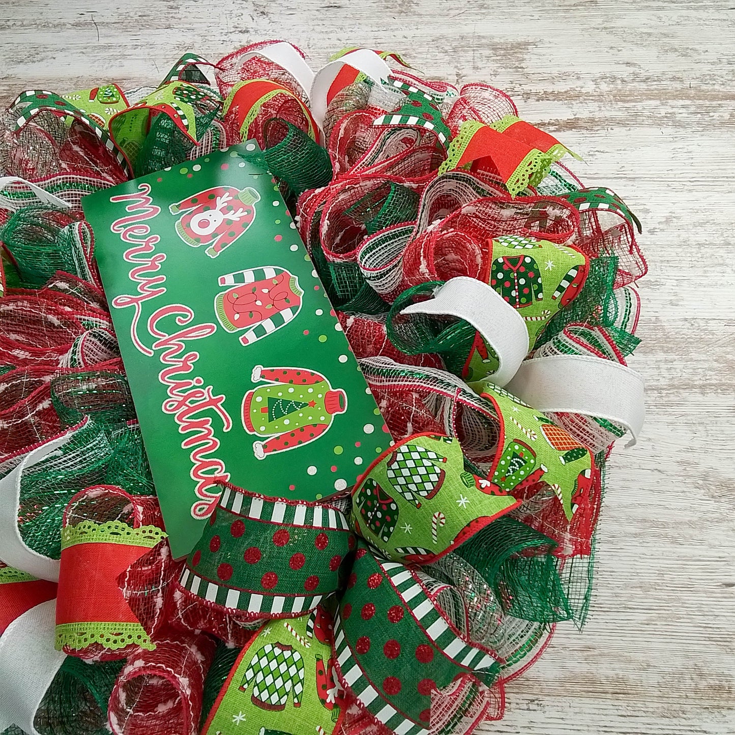 Ugly Christmas Sweater Wreath - Xmas Mesh Door Decor - Holiday Decorations - Red White Emerald Green