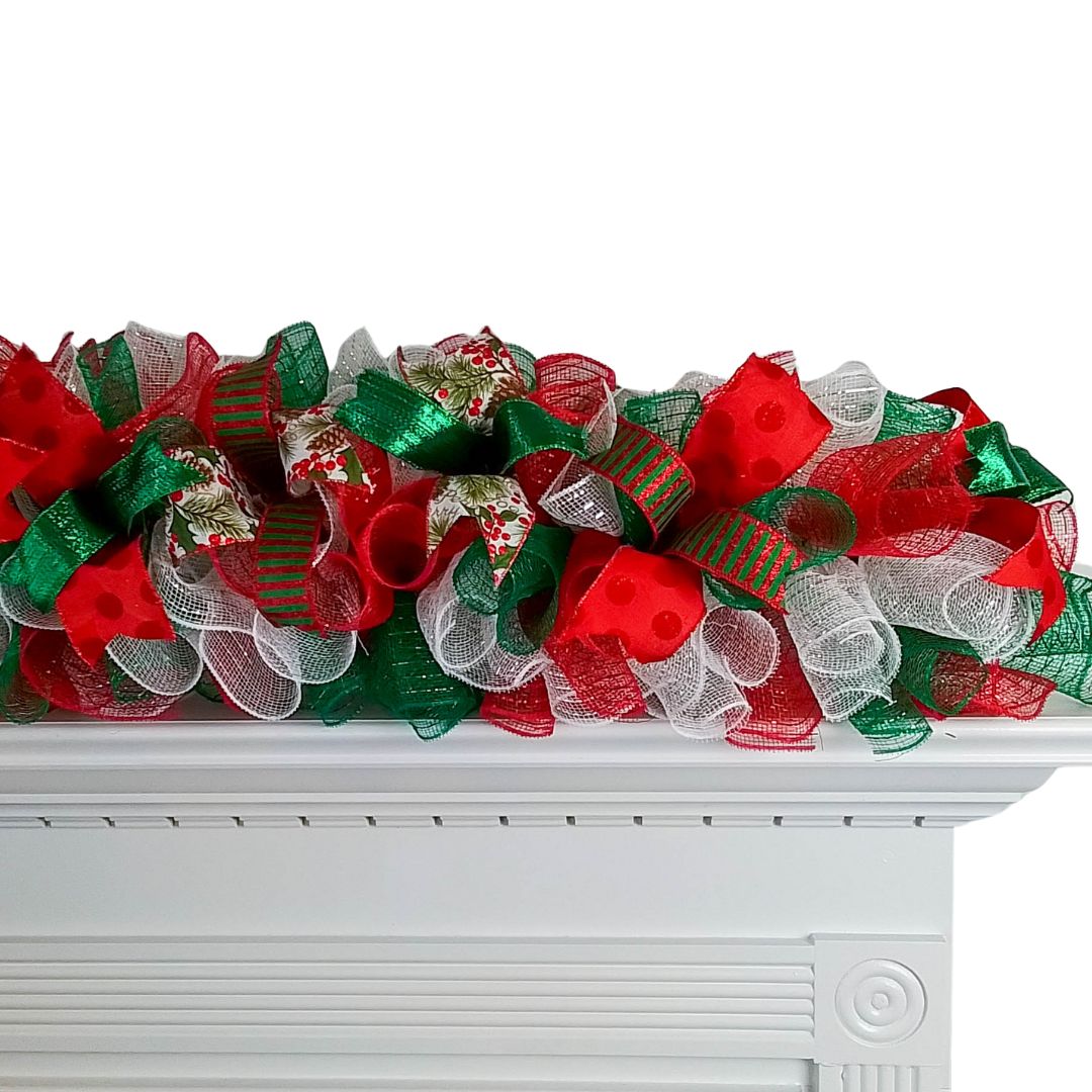 Red, Green and White Bow for Christmas Tree, Holiday Tree Bow with Streamers