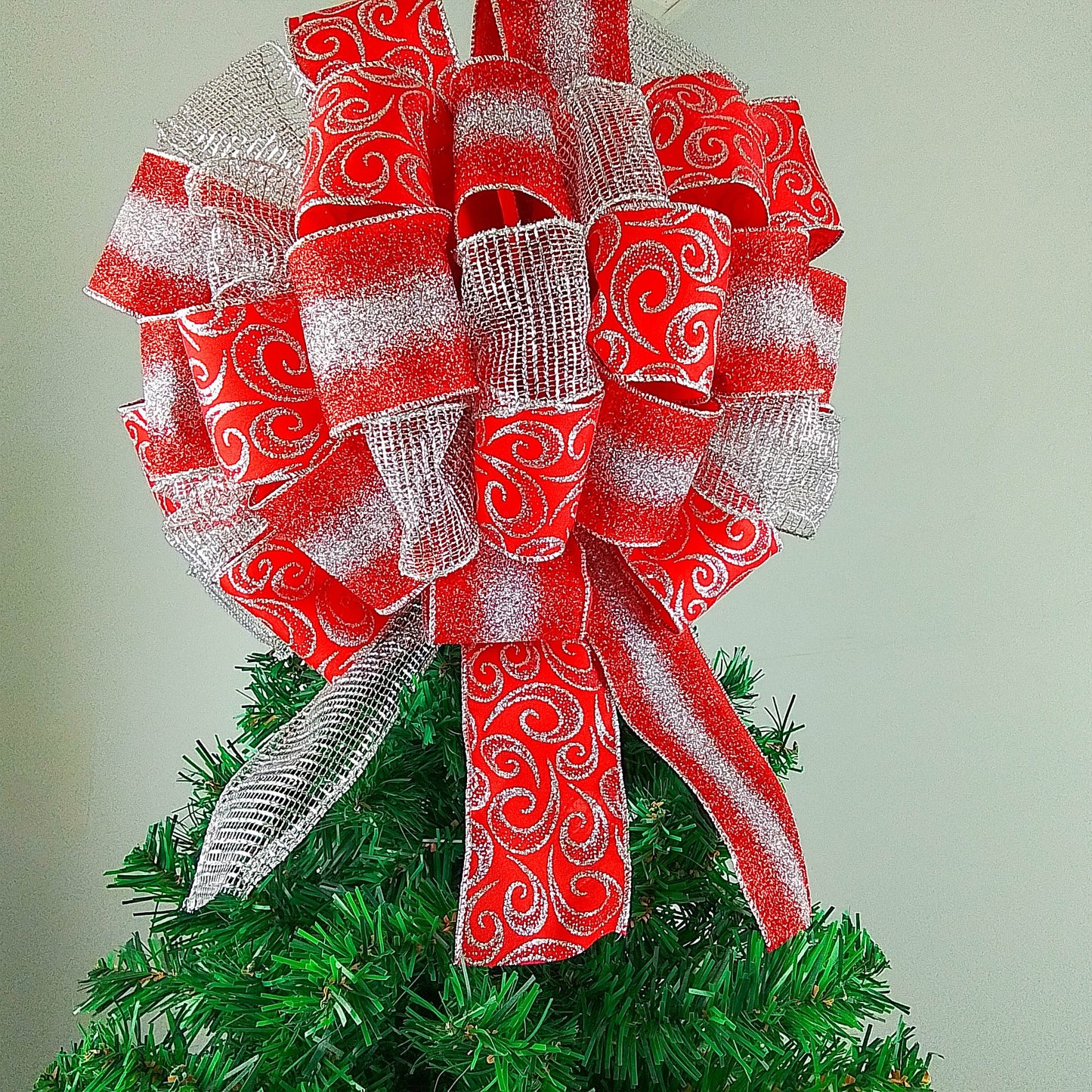 Christmas Tree Topper Bow | Red and Silver Bow | Present Bow