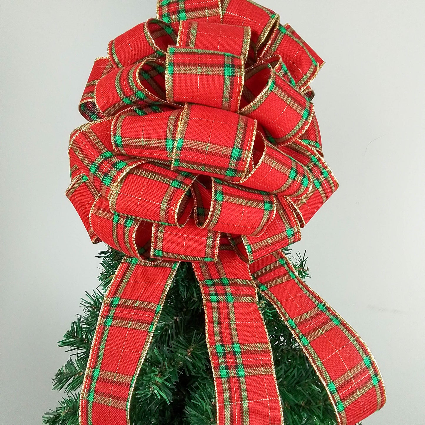 Tartan Plaid Red Green Gold Bow Tree Topper - Christmas Tree Bow - Big Present Gift Box Bow