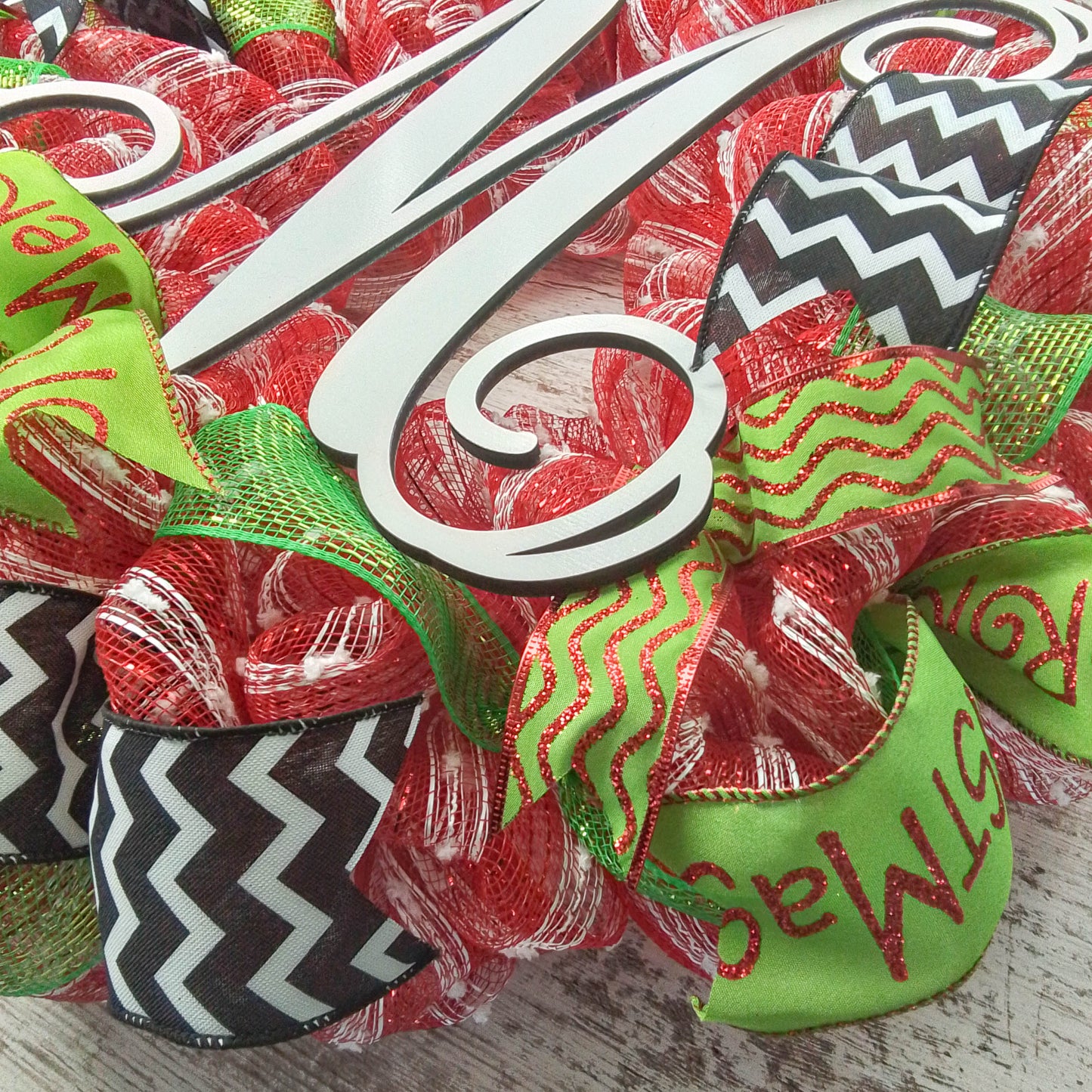 Monogram Christmas Mesh Door Wreath - Candy Cane Decorations - Red White Lime Green Black