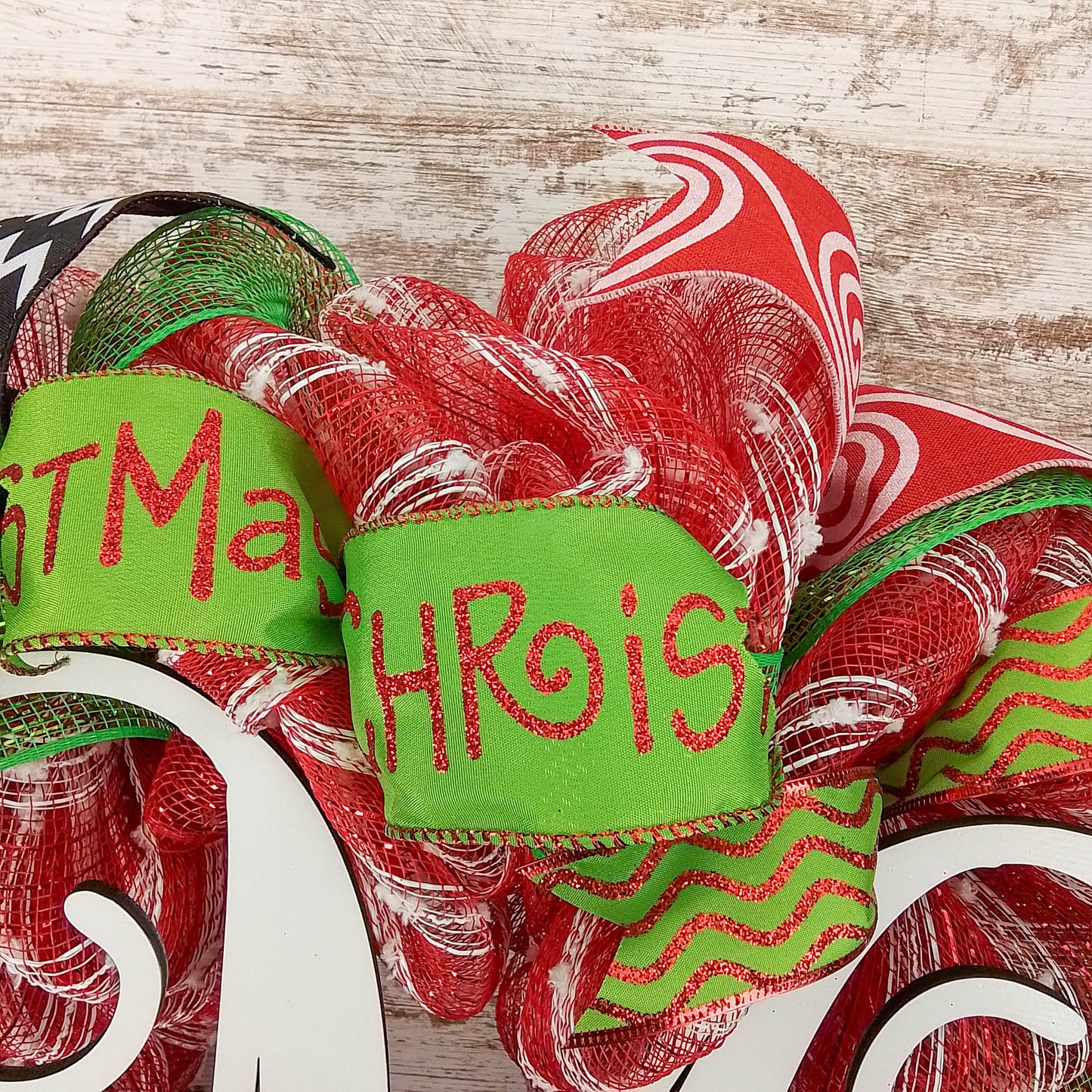 Monogram Christmas Mesh Door Wreath - Candy Cane Decorations - Red White Lime Green Black