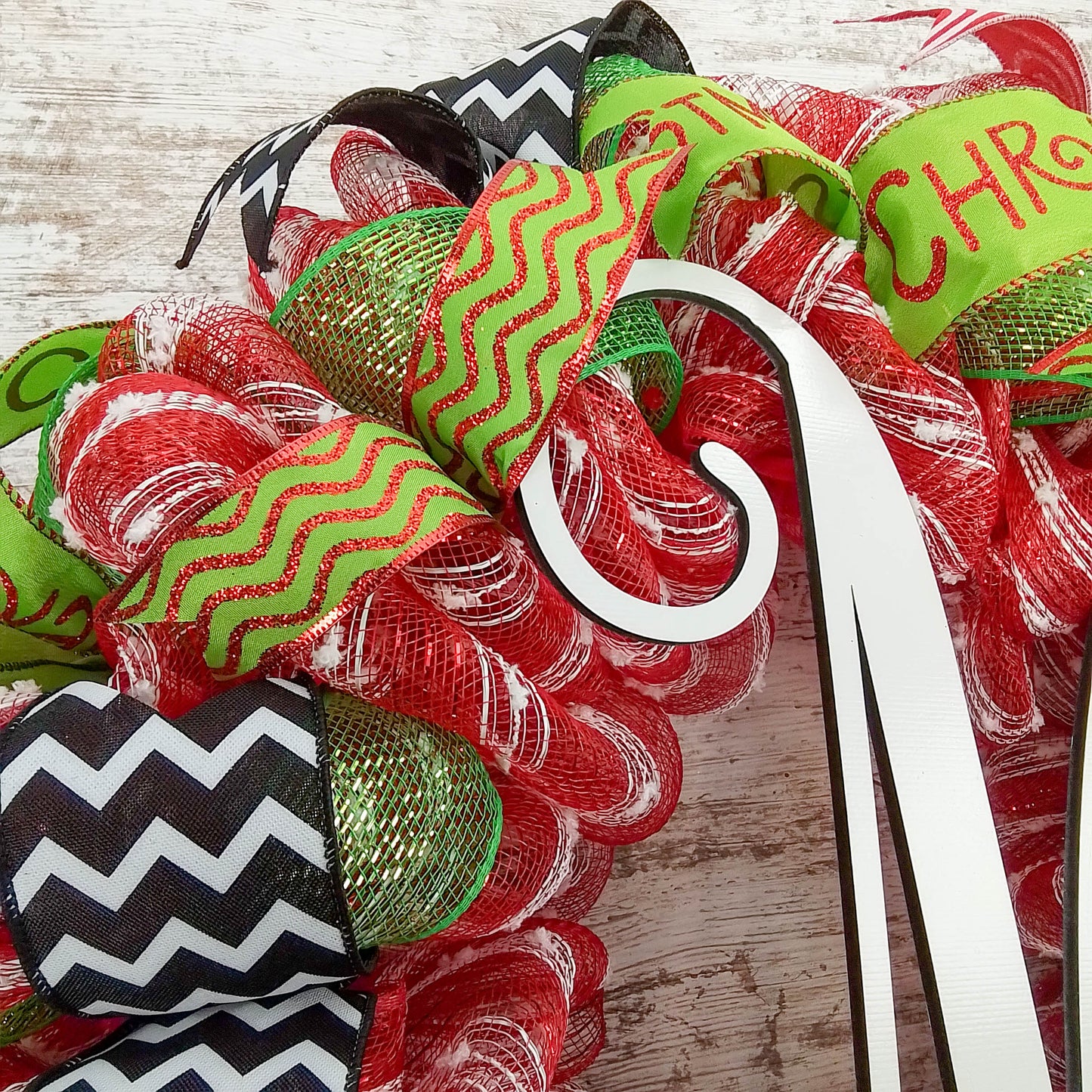 Monogram Christmas Mesh Door Wreath - Candy Cane Decorations - Red White Lime Green Black