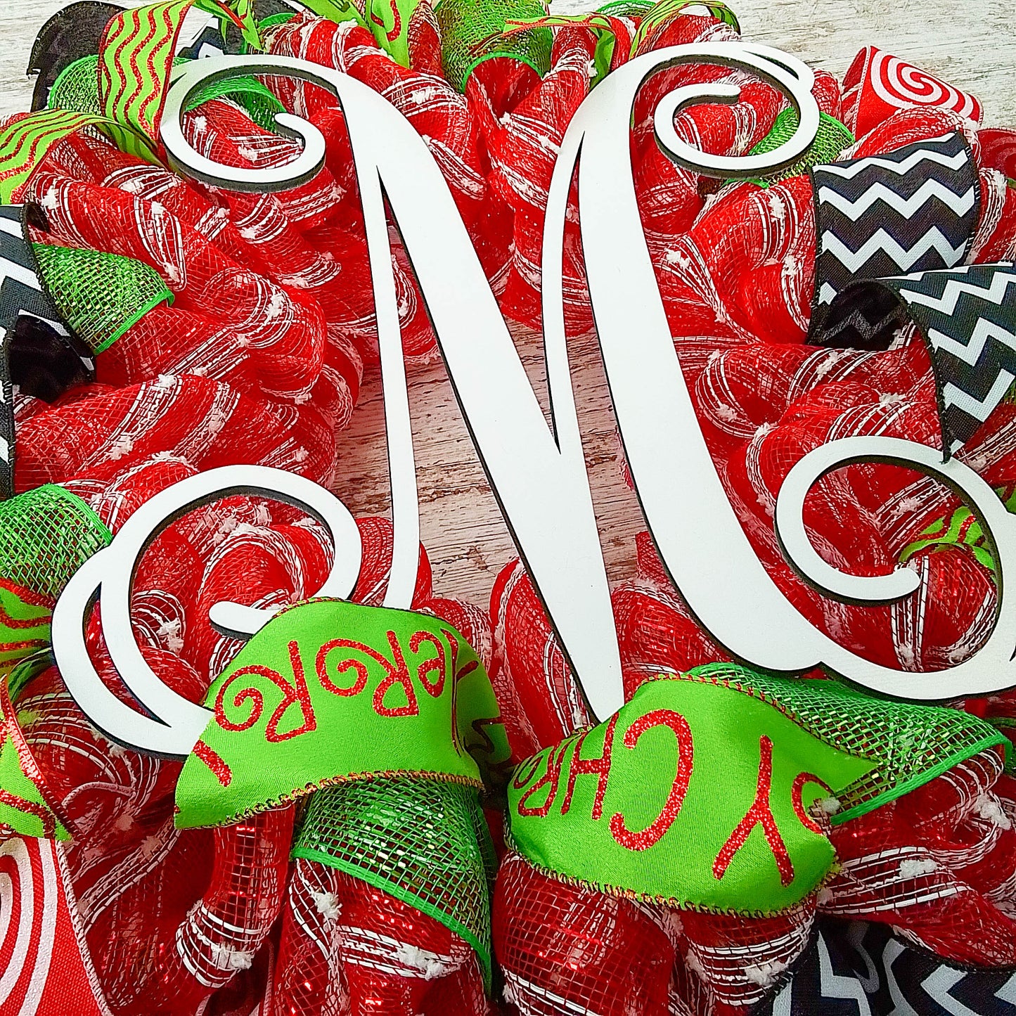 Monogram Christmas Mesh Door Wreath - Candy Cane Decorations - Red White Lime Green Black