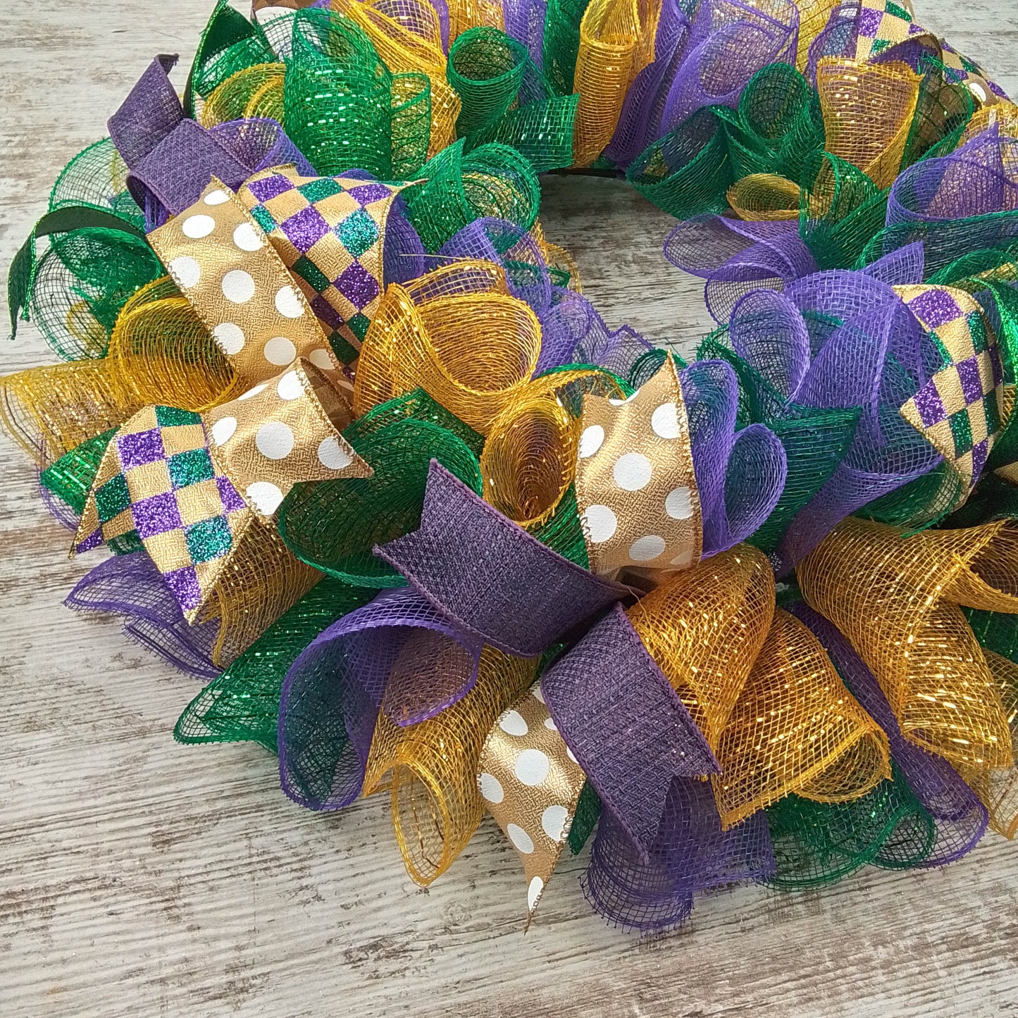 Mardi Gras Fat Tuesday Mesh Door Wreath | Purple Emerald Green Gold