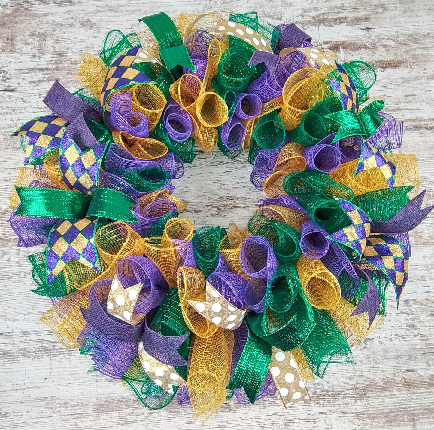 Mardi Gras Fat Tuesday Mesh Door Wreath | Purple Emerald Green Gold