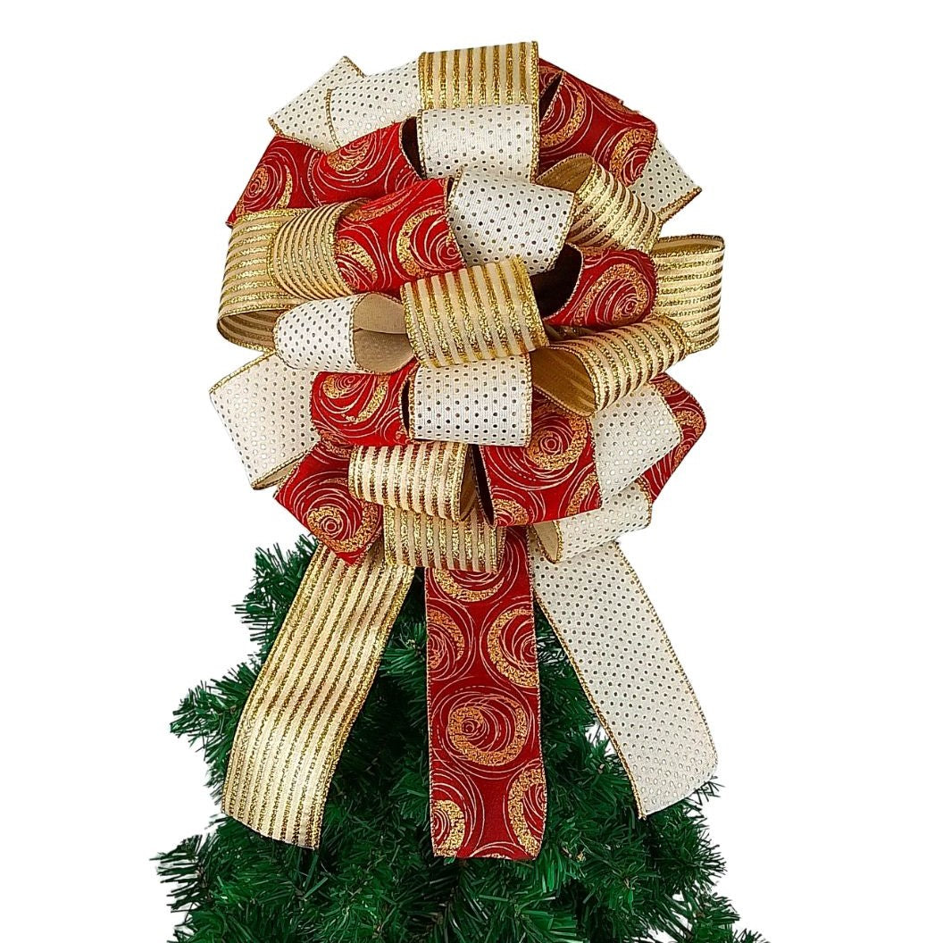 Christmas Tree Bows | Tree Topper Bows | Burgundy Ivory Gold Bow