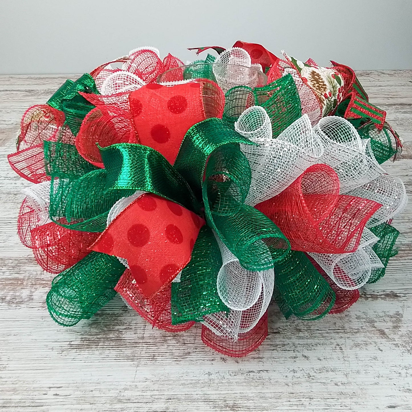 Red, Green and White Bow for Christmas Tree, Holiday Tree Bow with Streamers