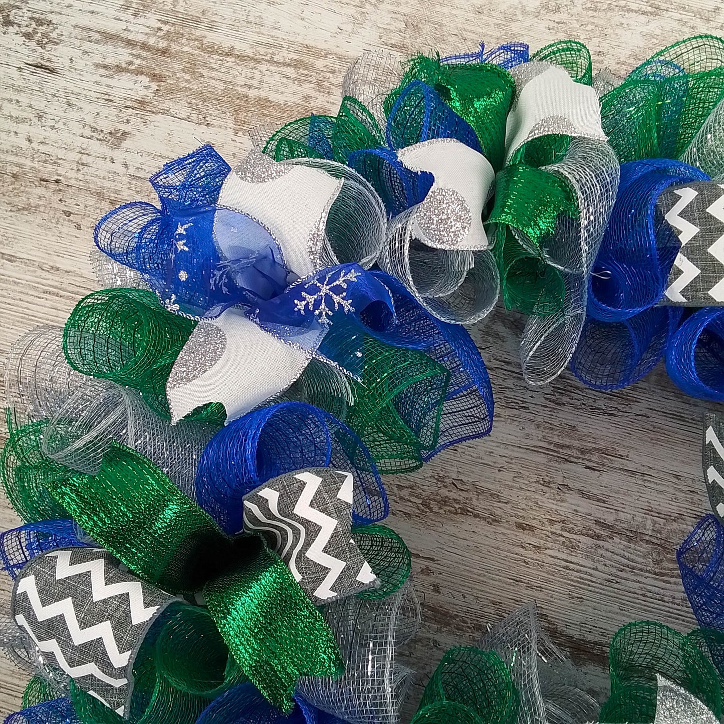 Winter Mesh Front Door Wreath | Hannukkah Wreath | Blue Green White Silver