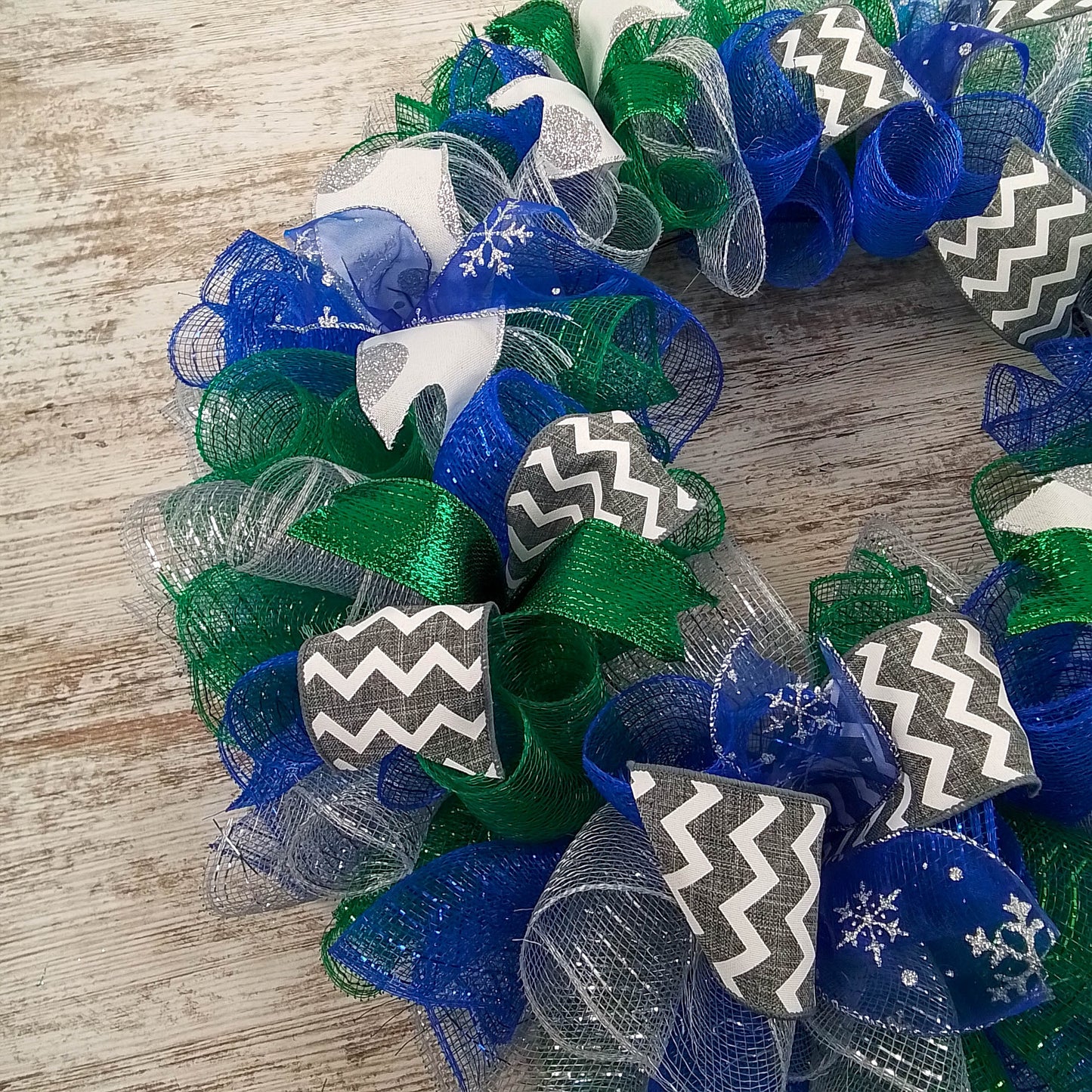 Winter Mesh Front Door Wreath | Hannukkah Wreath | Blue Green White Silver