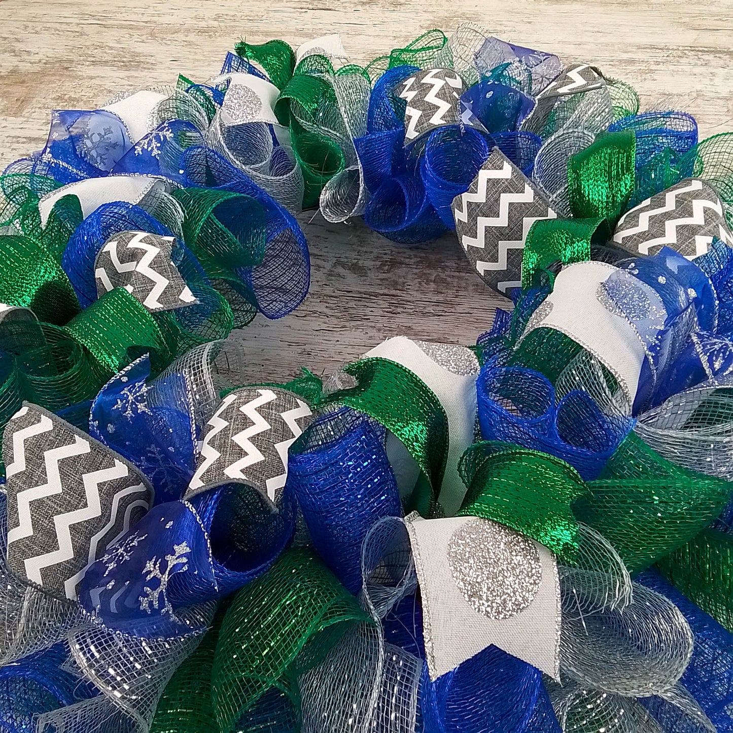 Winter Mesh Front Door Wreath | Hannukkah Wreath | Blue Green White Silver