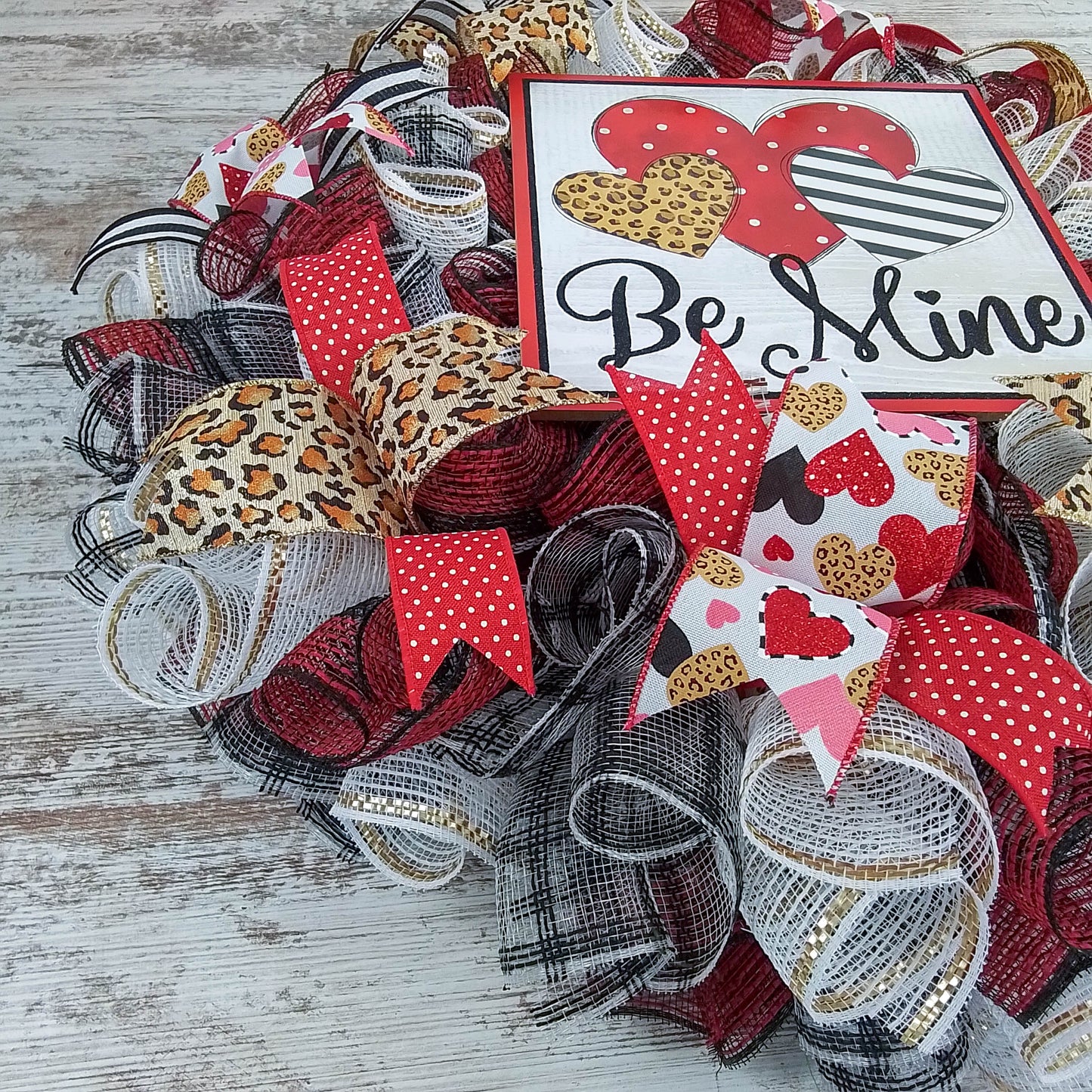 Valentines Wreath - Cheetah Heart Valentine's Day Decor - Be Mine Valentines Mesh Door Wreath - Floral Decor - Red Pink White Green