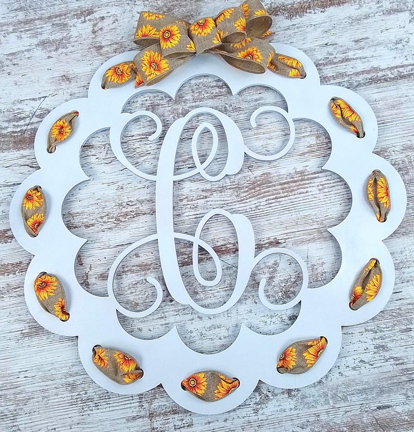 Personalized Door Hanger, Monogrammed Scalloped Design, Sunflower Themed Decor