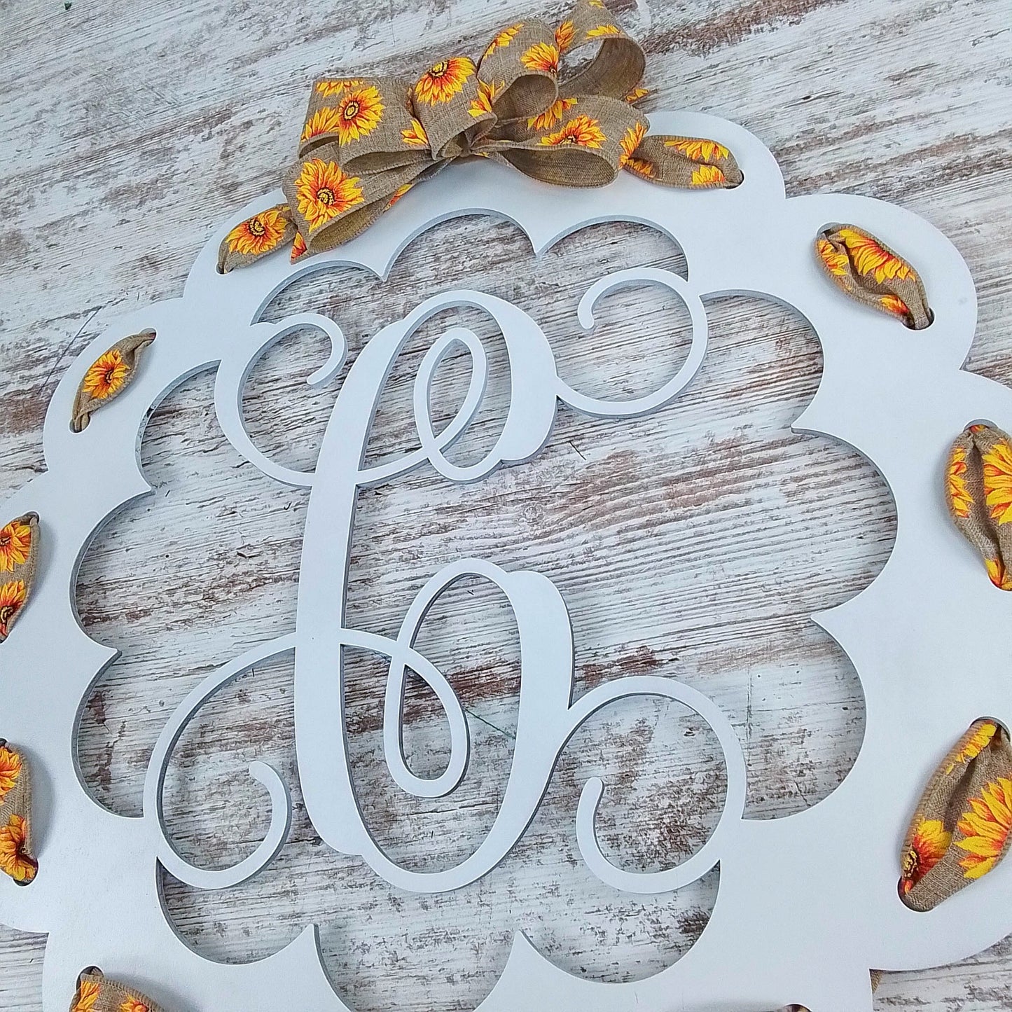 Personalized Door Hanger, Monogrammed Scalloped Design, Sunflower Themed Decor