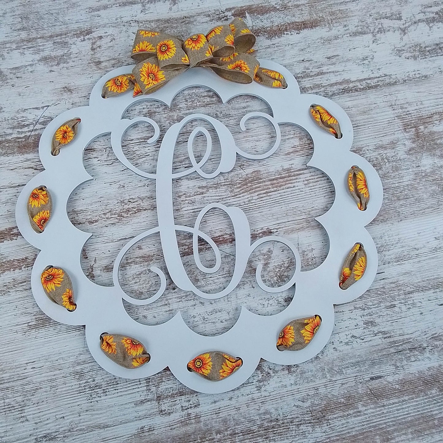 Personalized Door Hanger, Monogrammed Scalloped Design, Sunflower Themed Decor