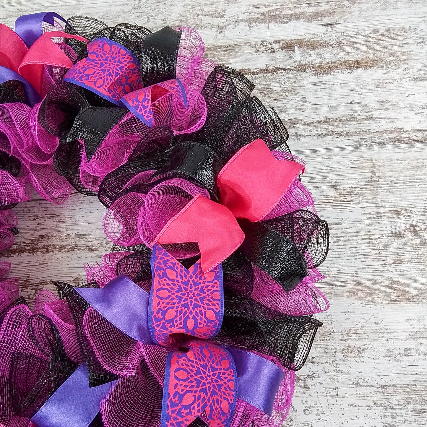 Black Pink Mesh Door Wreath; Black Hot Fuchsia Pink Purple