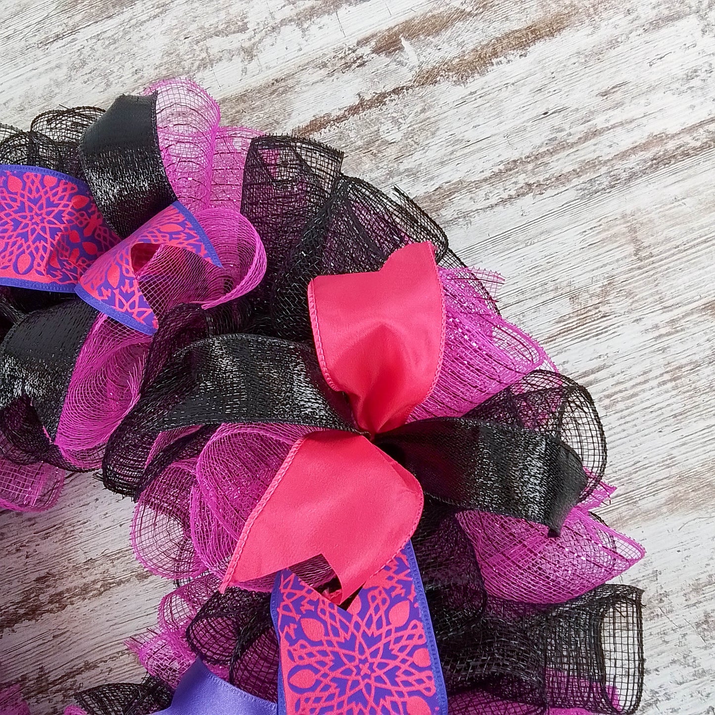 Black Pink Mesh Door Wreath; Black Hot Fuchsia Pink Purple