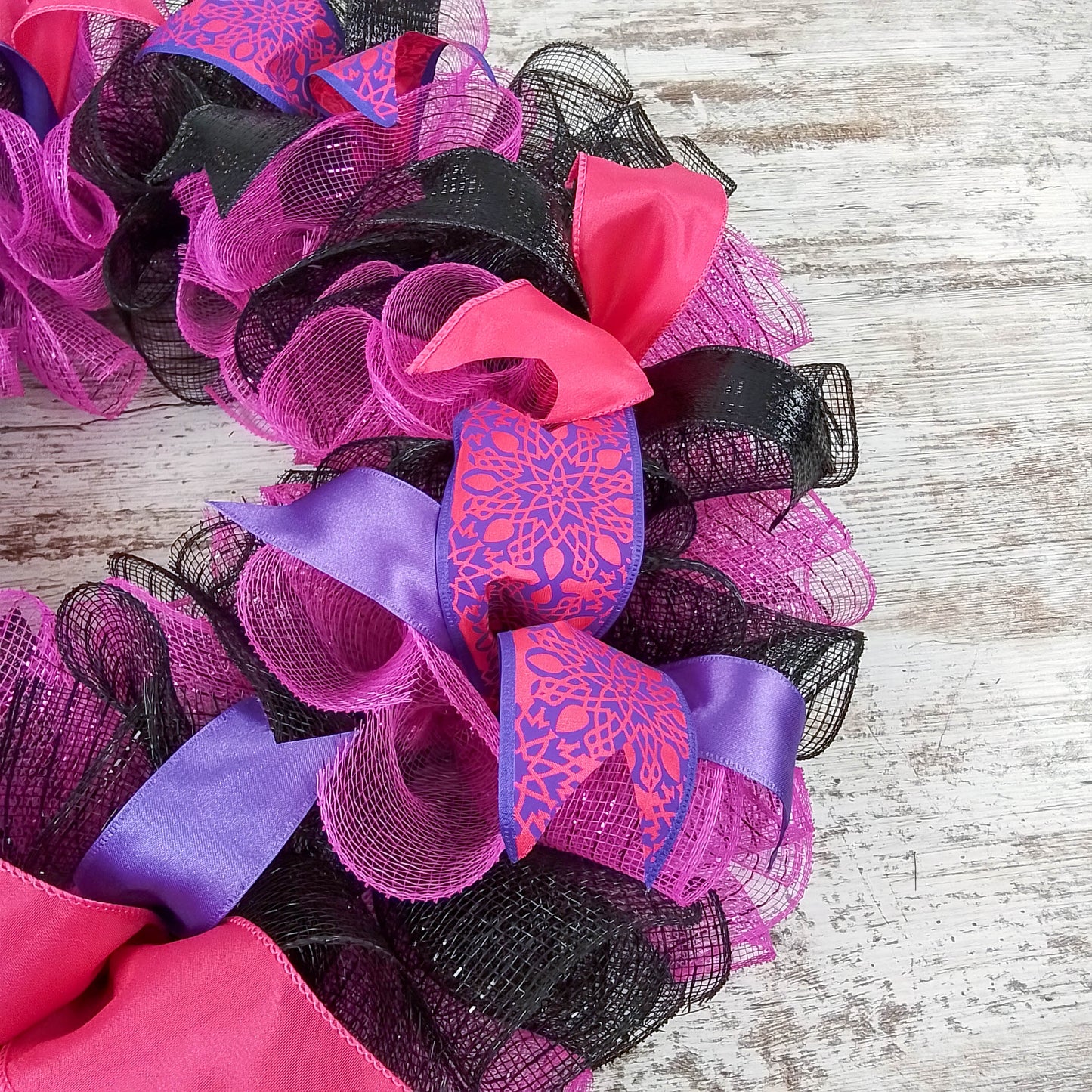 Black Pink Mesh Door Wreath; Black Hot Fuchsia Pink Purple