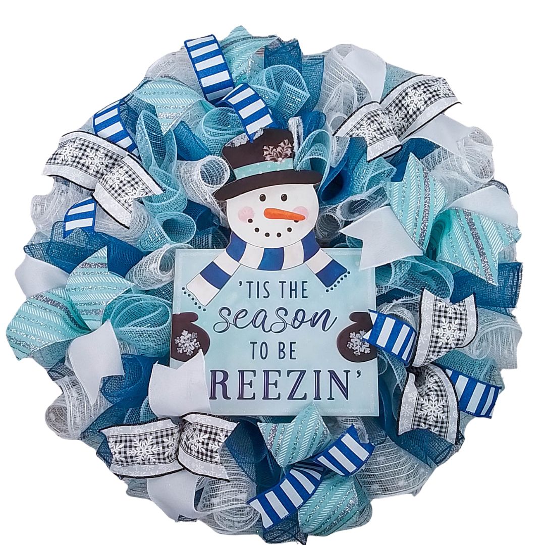 Freezin Winter Snowman Wreaths - Blue Cold Front Door Wreath - Outdoor Christmas Decor - White Turquoise Blue Silver