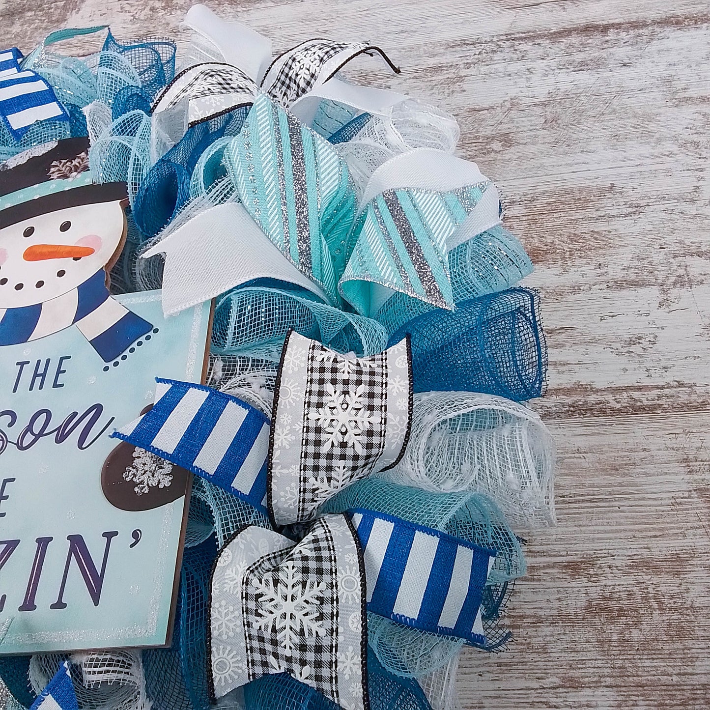 Freezin Winter Snowman Wreaths - Blue Cold Front Door Wreath - Outdoor Christmas Decor - White Turquoise Blue Silver