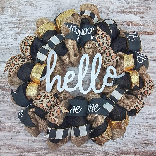 Animal Print Hello Door Wreaths - Everyday Burlap Mesh Front Door Decor