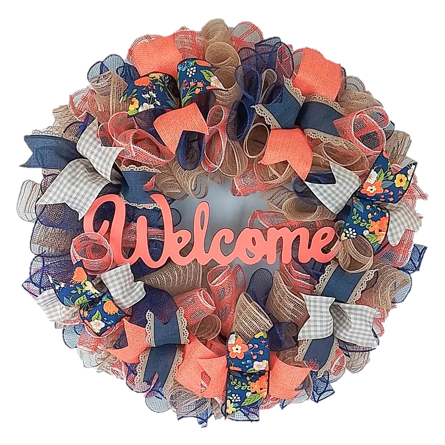 Decorative Welcome Wreath, Home Décor Gift, Peach and Navy Blue Wreath