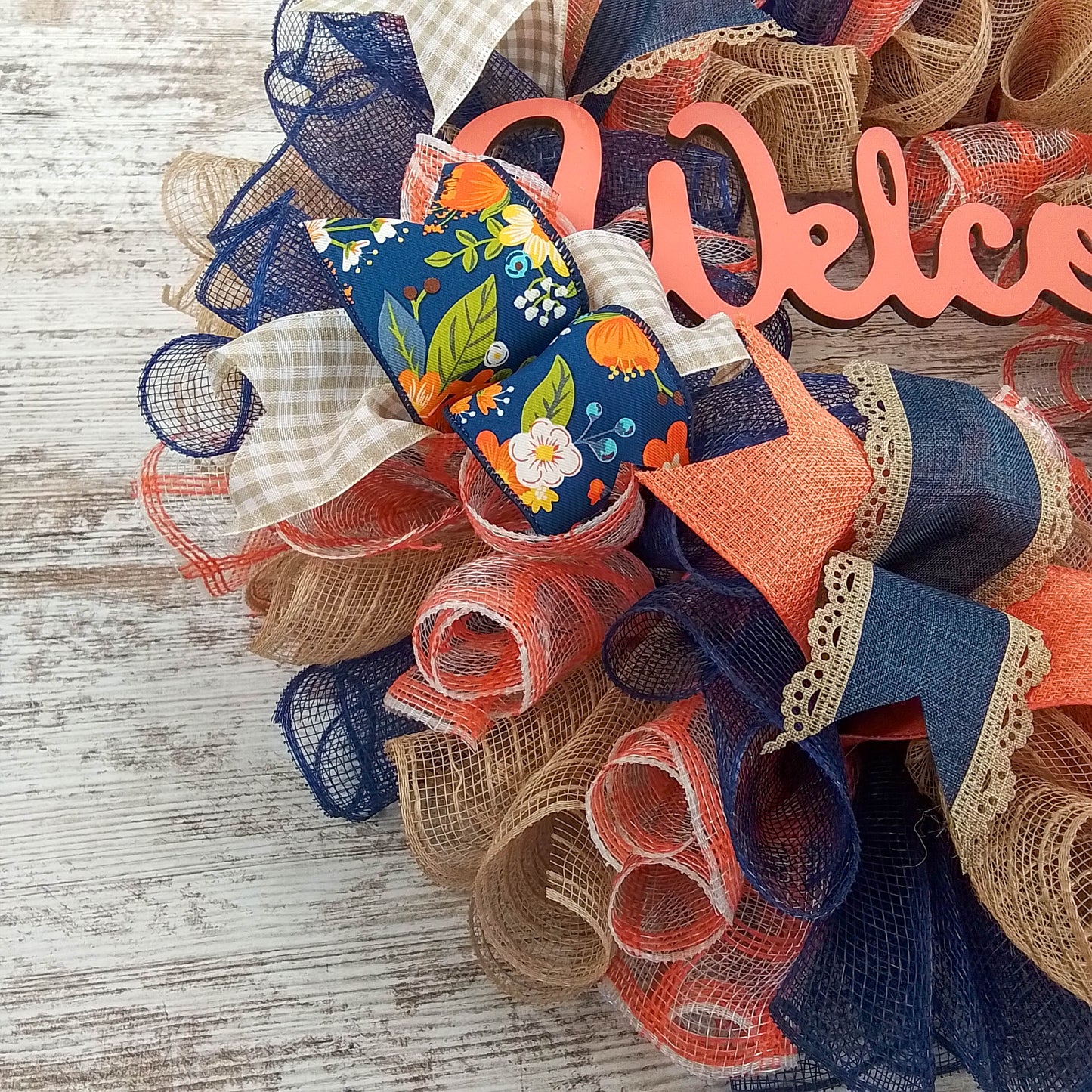 Decorative Welcome Wreath, Home Décor Gift, Peach and Navy Blue Wreath