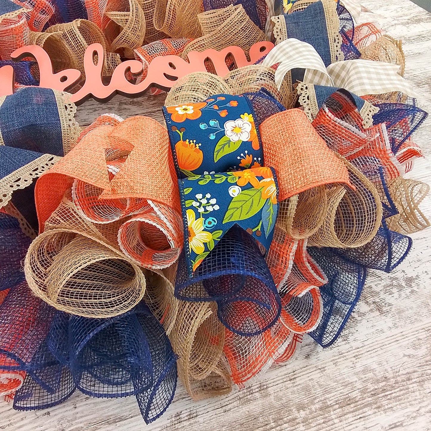 Decorative Welcome Wreath, Home Décor Gift, Peach and Navy Blue Wreath