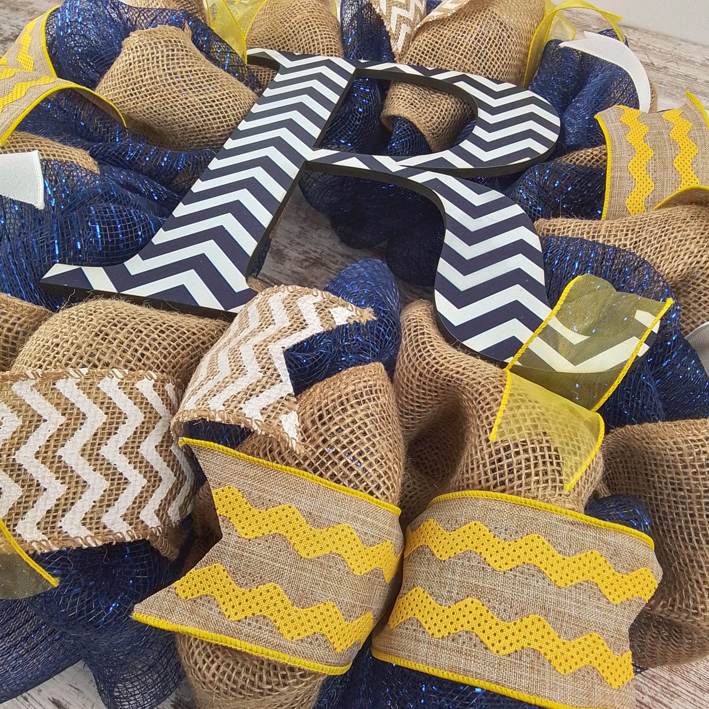 Burlap Monogram Mesh Door Wreath | Navy Blue, Yellow, White