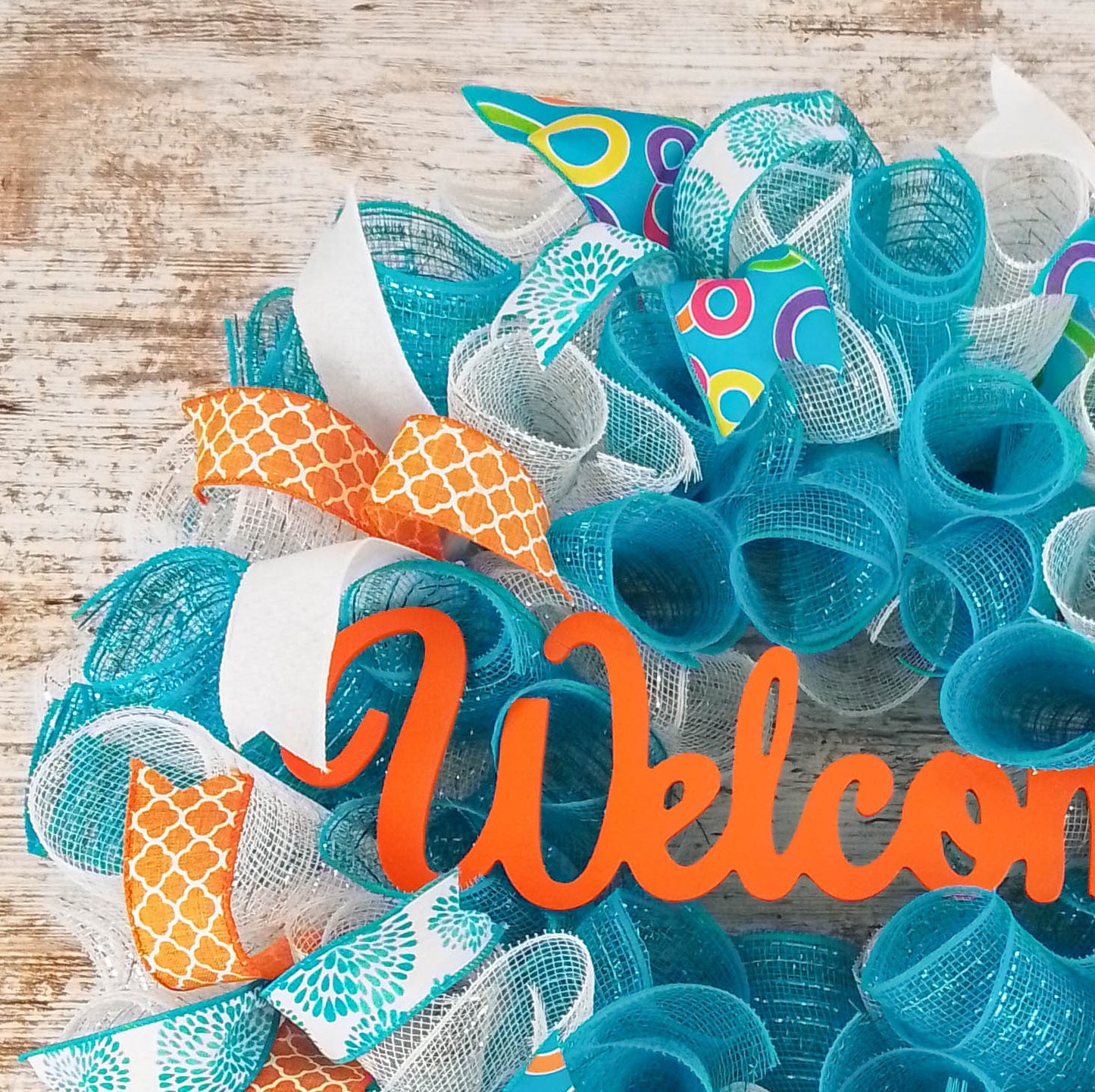 Orange Turquoise Welcome Year Round Spring Wreath; White Teal : P9