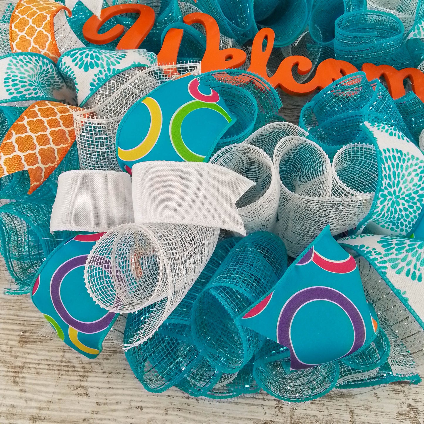 Orange Turquoise Welcome Year Round Spring Wreath; White Teal : P9