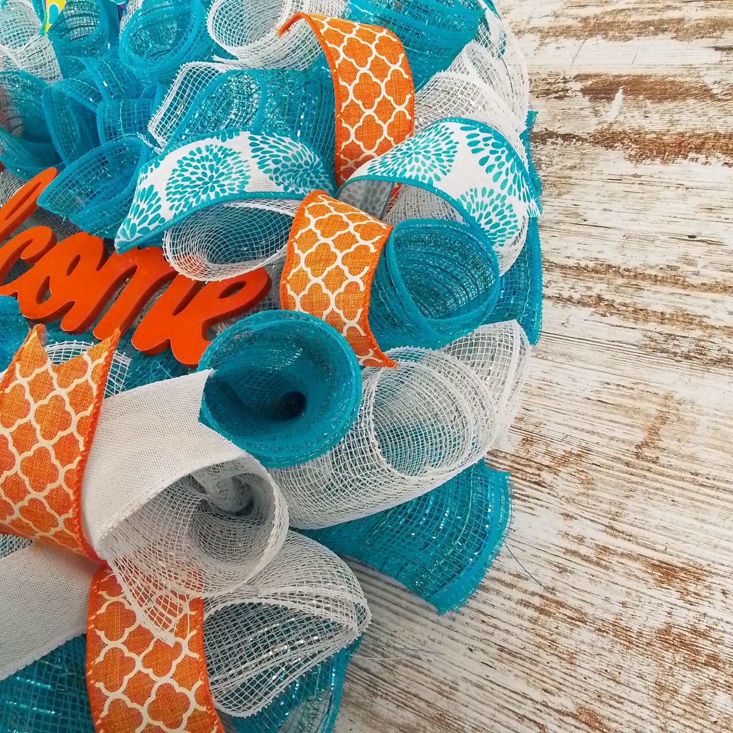 Orange Turquoise Welcome Year Round Spring Wreath; White Teal : P9