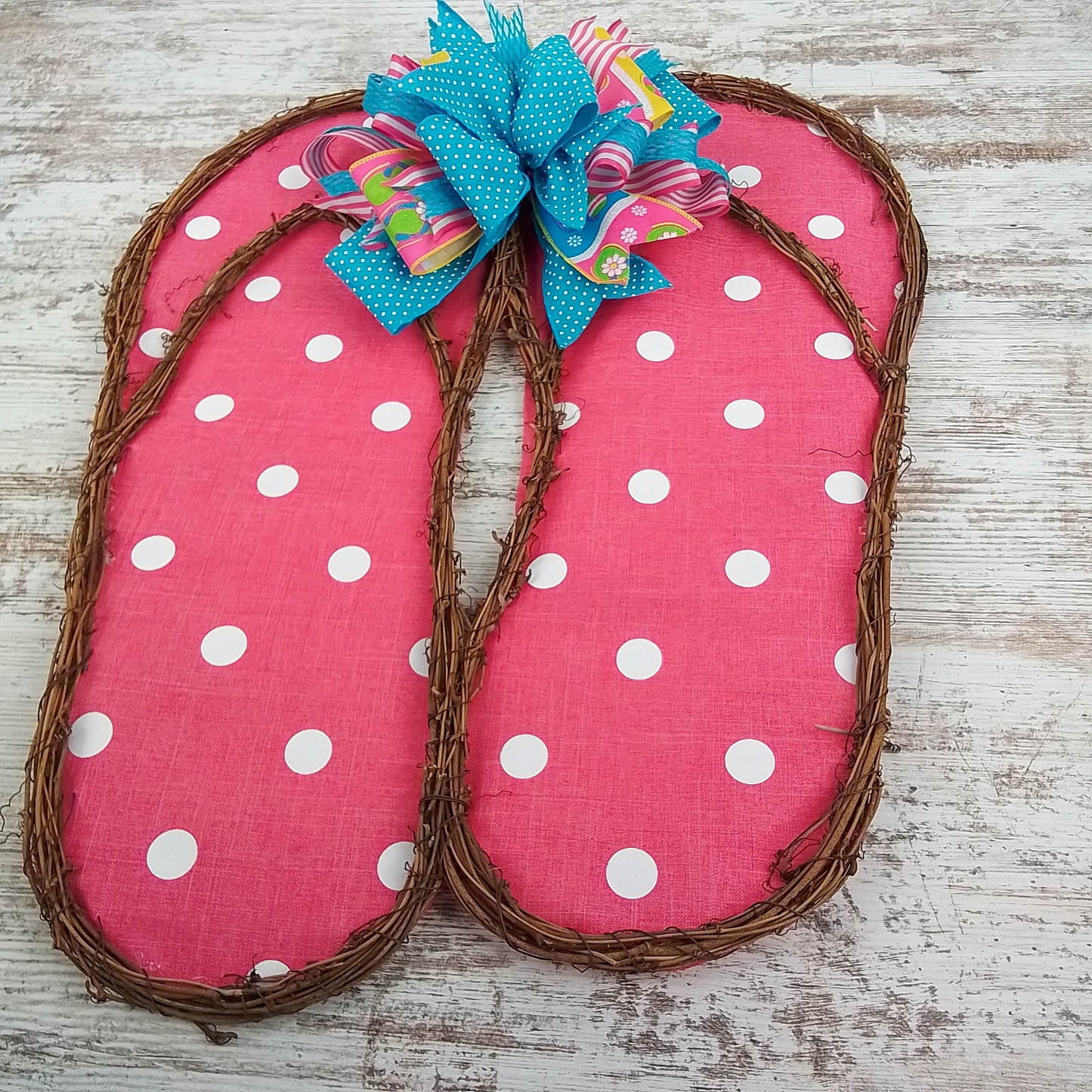 Spring Summer Flip Flop Grapevine Wreath - Polka Dot Door Hanger Oversized Bow Pink Fuschia Door Decor; Pink White Blue Orange