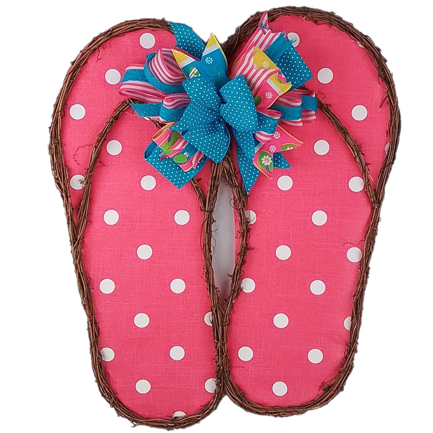 Spring Summer Flip Flop Grapevine Wreath - Polka Dot Door Hanger Oversized Bow Pink Fuschia Door Decor; Pink White Blue Orange