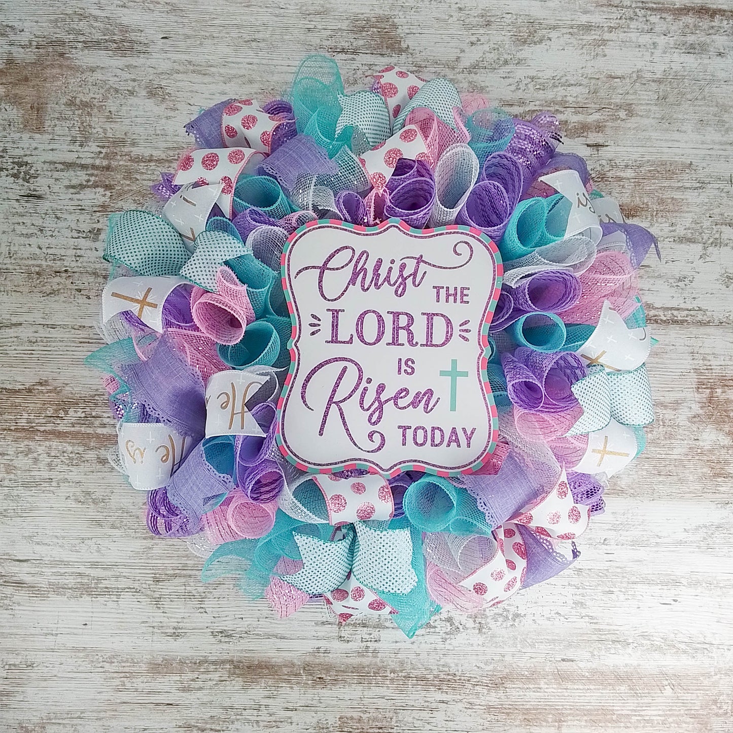 Christ Lord Risen Today Easter Front Door Wreath - Cross Present - Pink Lavender Mint Green Gold White