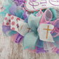 Christ Lord Risen Today Easter Front Door Wreath - Cross Present - Pink Lavender Mint Green Gold White