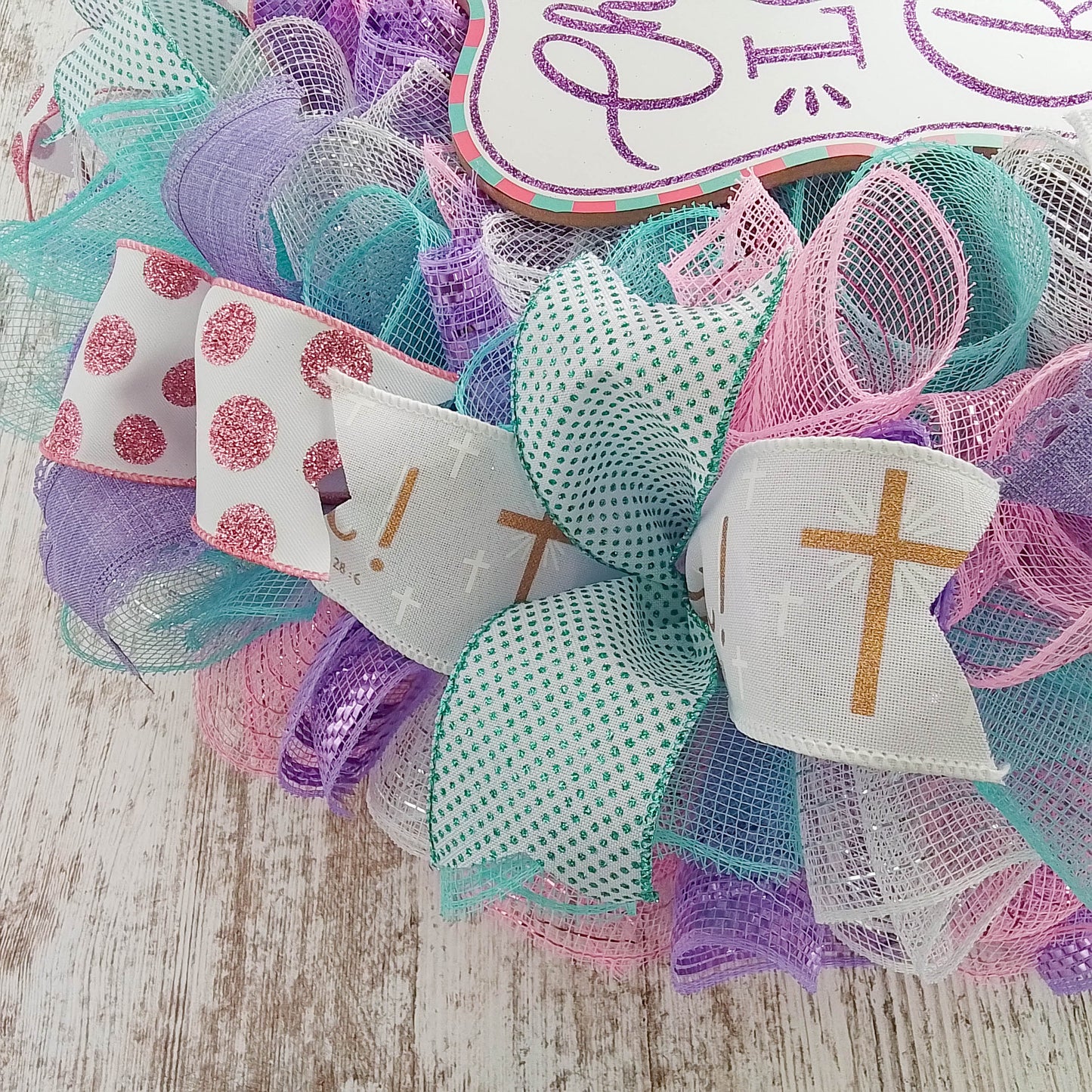 Christ Lord Risen Today Easter Front Door Wreath - Cross Present - Pink Lavender Mint Green Gold White