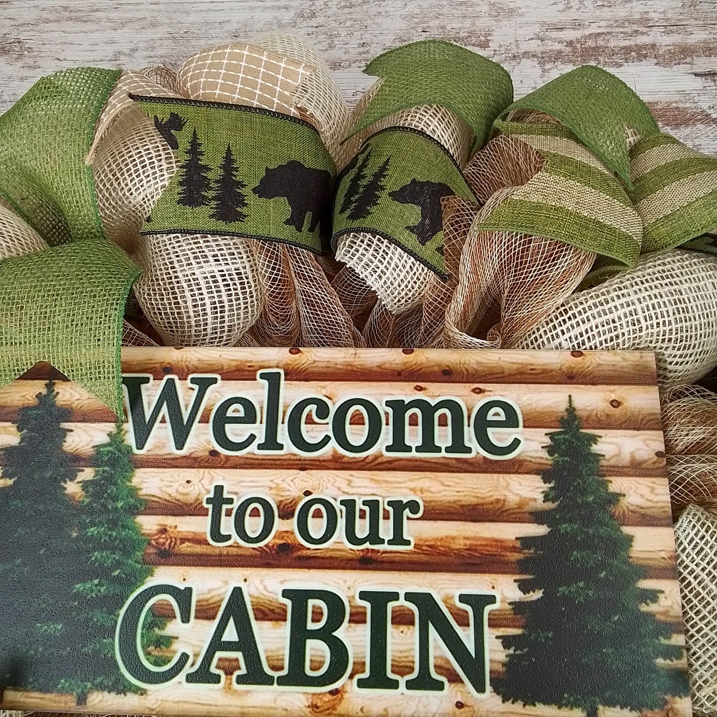 Welcome to our Cabin Wreath | Lake House Decor | Ivory Green Brown