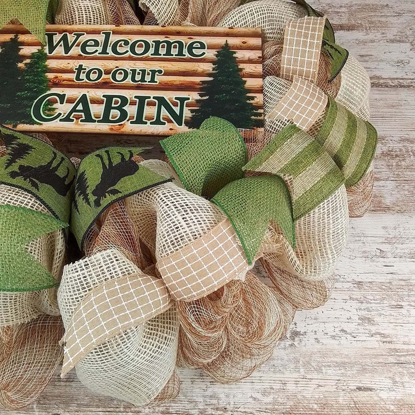 Welcome to our Cabin Wreath | Lake House Decor | Ivory Green Brown