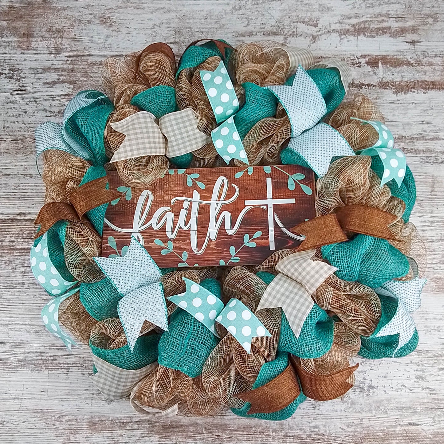 Rustic Door Wreath | Faith Cross Mesh Wreath | Blue Turquoise Burlap