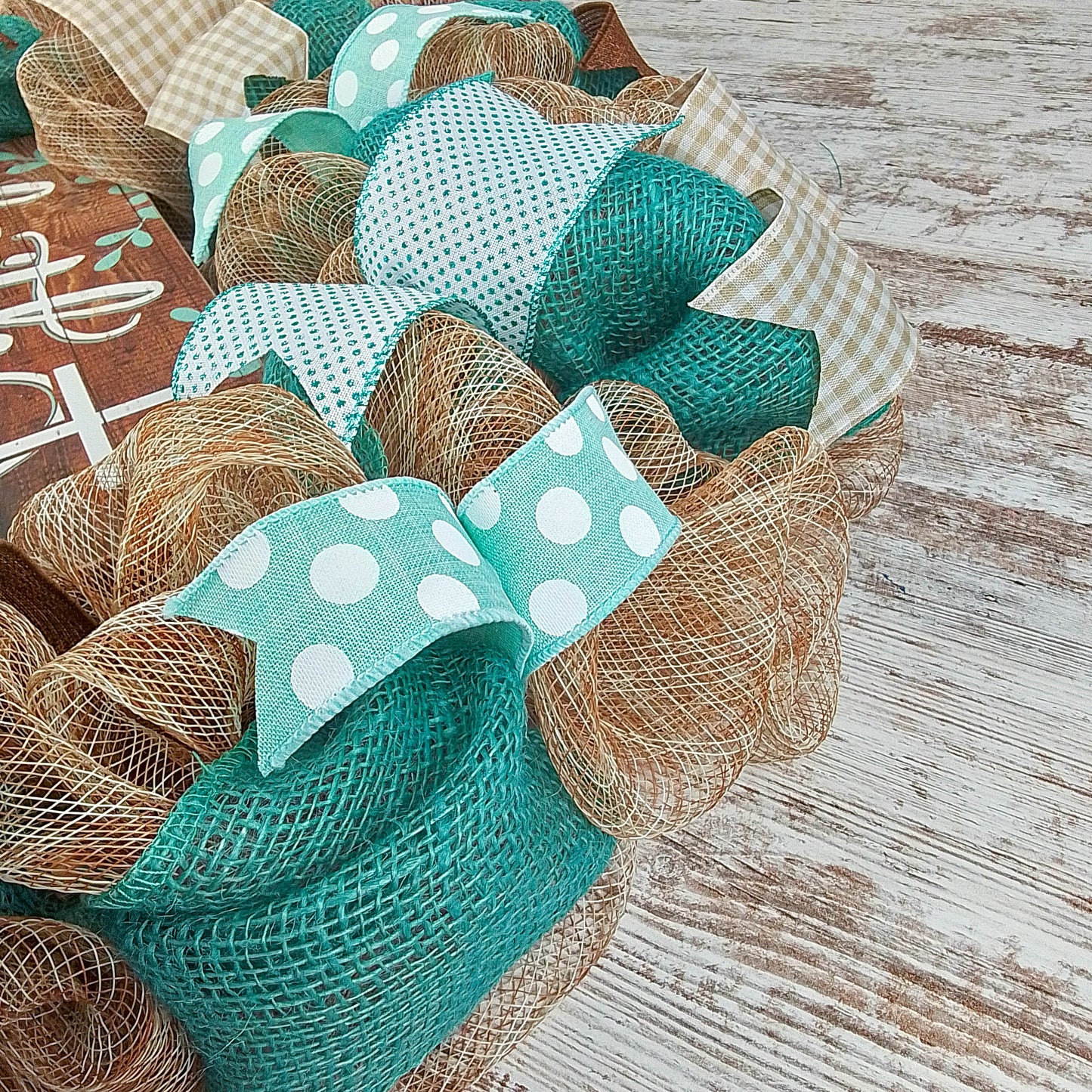 Rustic Door Wreath | Faith Cross Mesh Wreath | Blue Turquoise Burlap