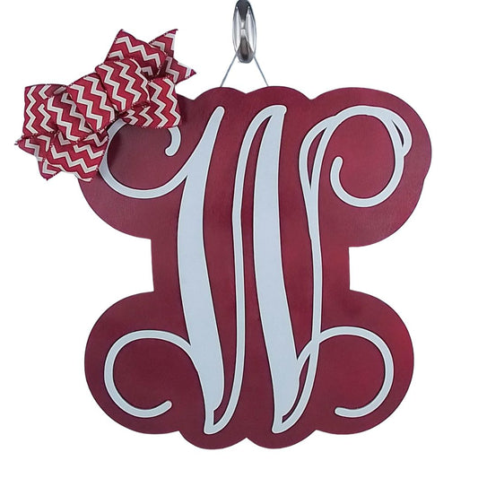 Red Wooden Door Hanger, Monogrammed Home Decor, Ribbon Bow Accent