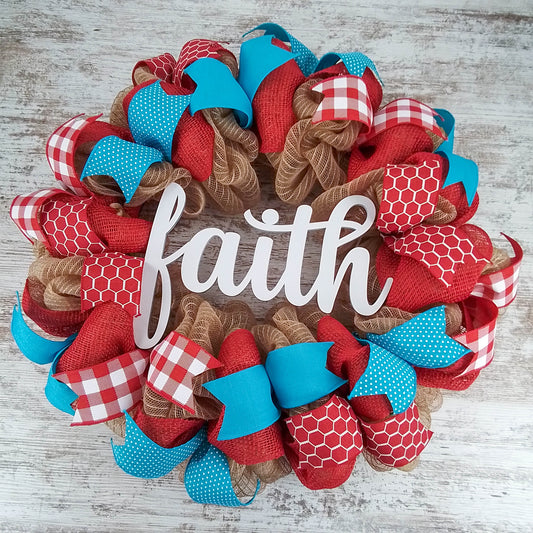 Red and Turquoise Faith Wreath | Welcome Jute Burlap Spring Wreath