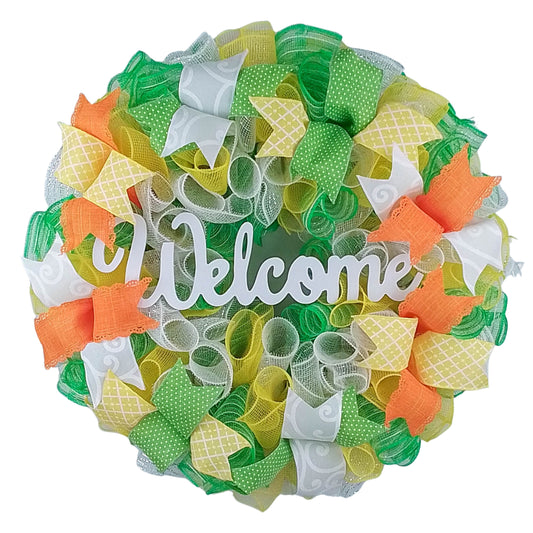 Spring Welcome Wreath, Colorful Door Hanger, Vibrant Ribbon Decorations